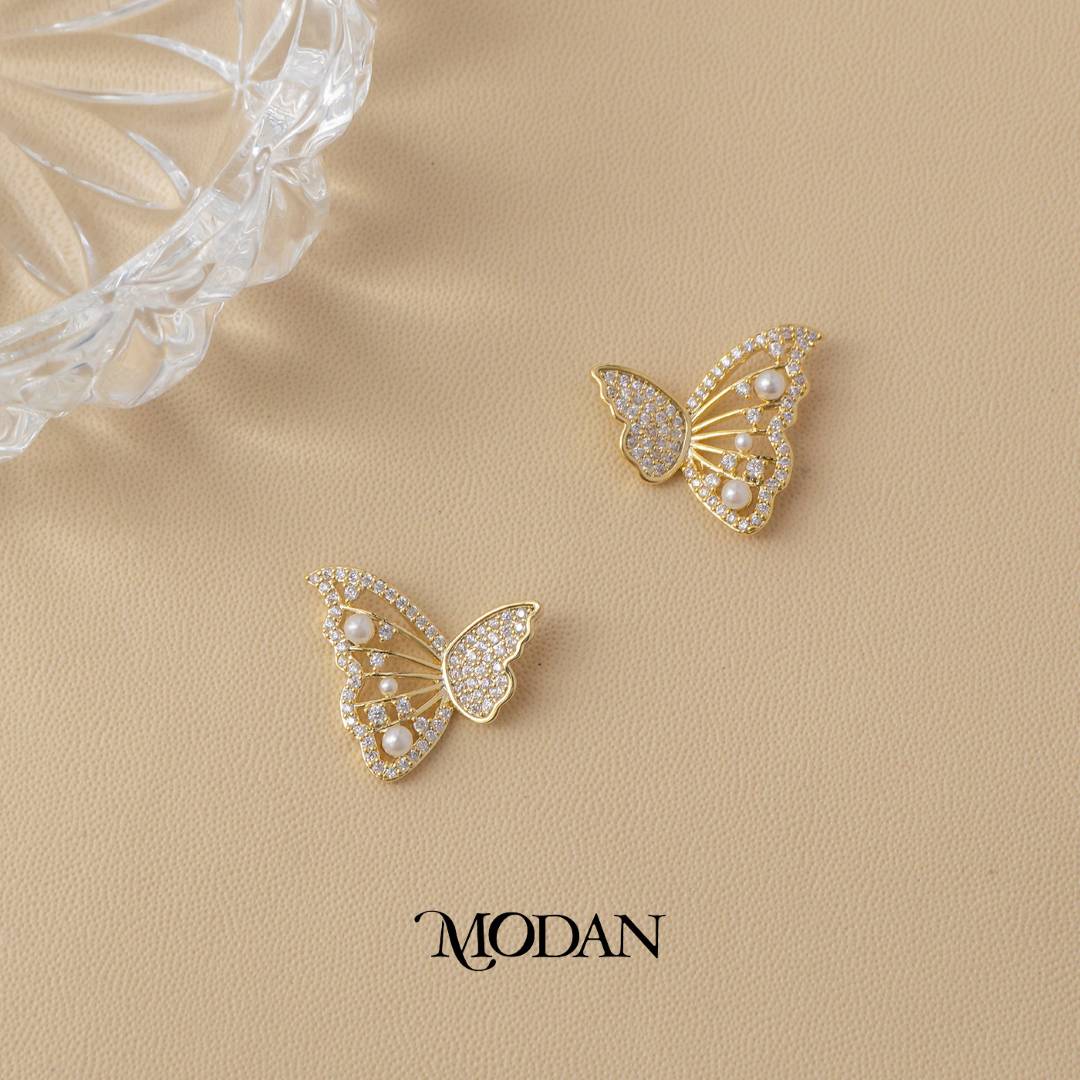 (19mm) Sparkling Shell Pearl Butterfly Mariposa Stud Earrings Anting Kupu - Kupu Hypoallergenic Gold Plated