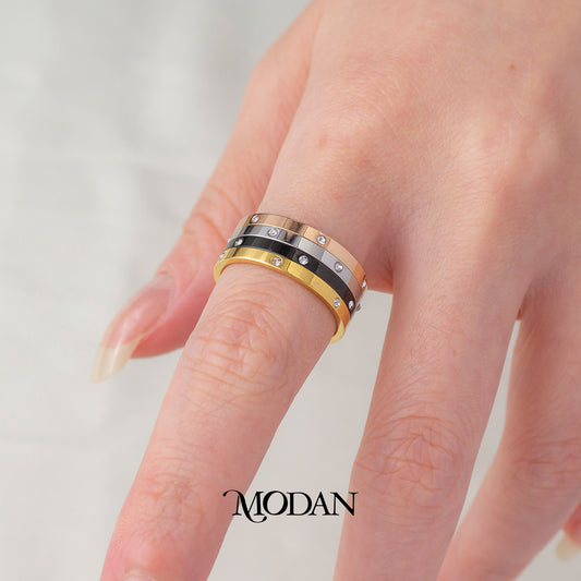 (1 Set Isi 4) Tricolor Triple Layer Band Ring Cincin 3 Warna Minimalis Hypoallergenic Stainless Steel