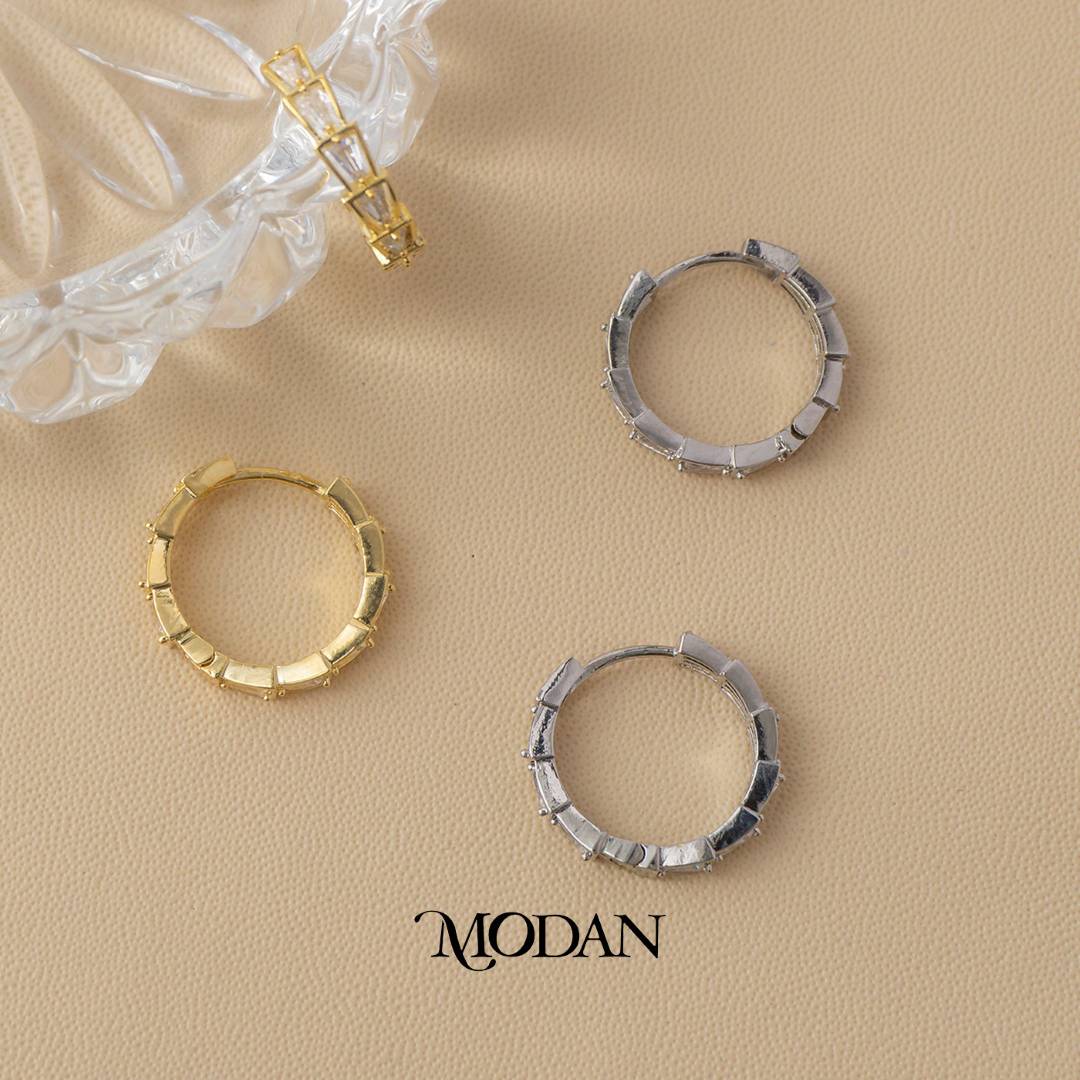 (19mm) Geometric Rectangular Pattern Hoop Earrings Anting Bulat Hypoallergenic Gold Plated