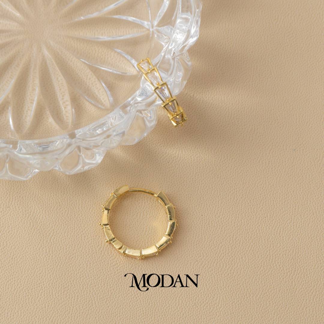 (19mm) Geometric Rectangular Pattern Hoop Earrings Anting Bulat Hypoallergenic Gold Plated