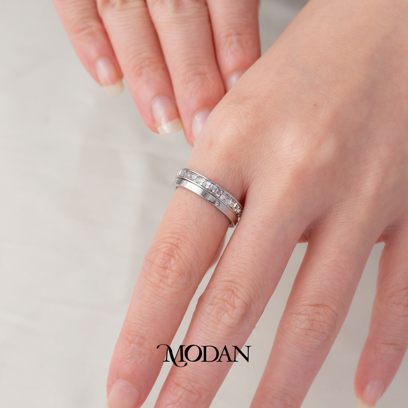 (1 Set Isi 2) Square Zircon Double Layer Ring Cincin Layer Kotak Hypoallergenic Stainless Steel
