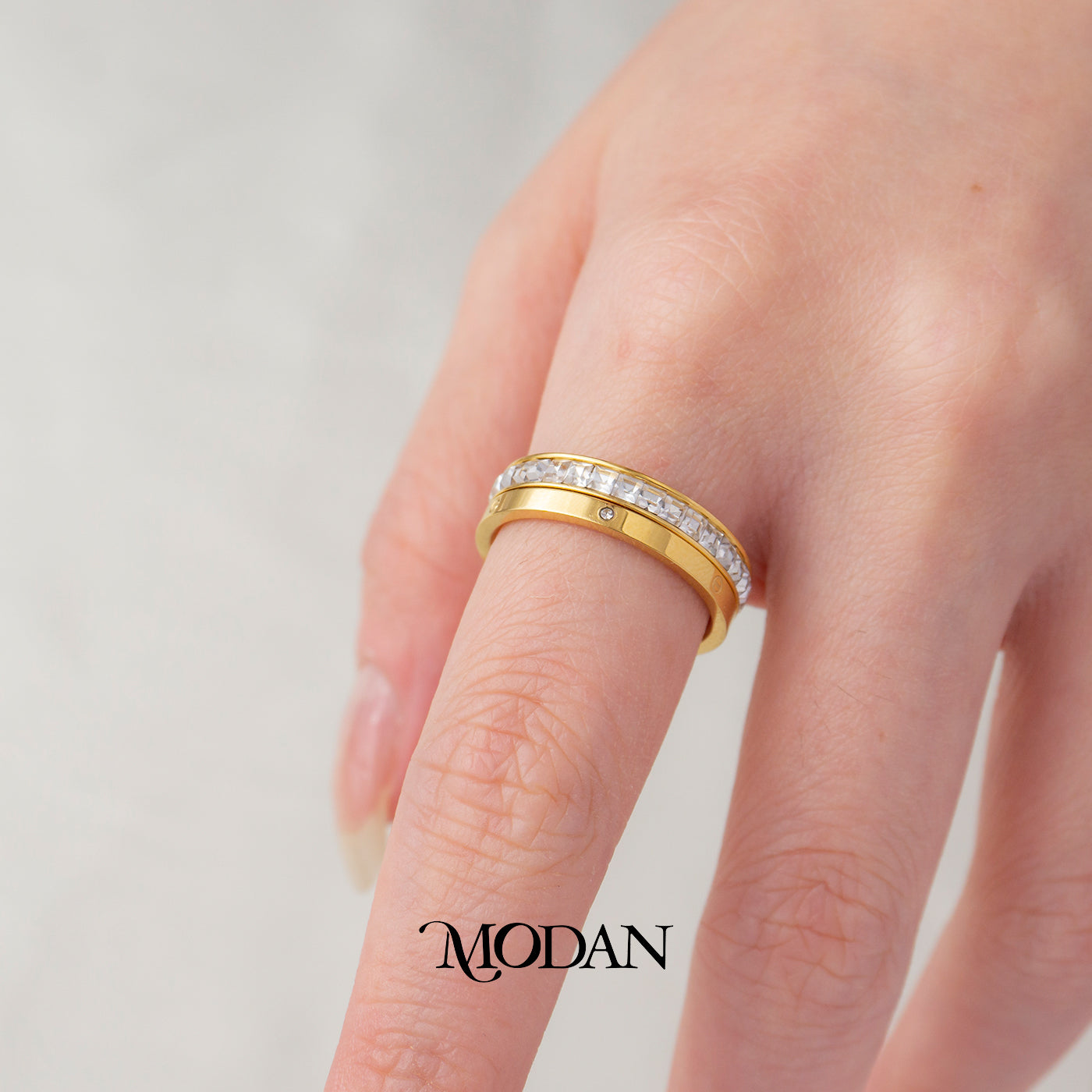 (1 Set Isi 2) Square Zircon Double Layer Ring Cincin Layer Kotak Hypoallergenic Stainless Steel