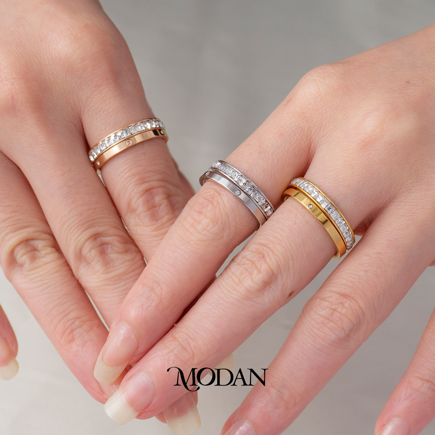 (1 Set Isi 2) Square Zircon Double Layer Ring Cincin Layer Kotak Hypoallergenic Stainless Steel