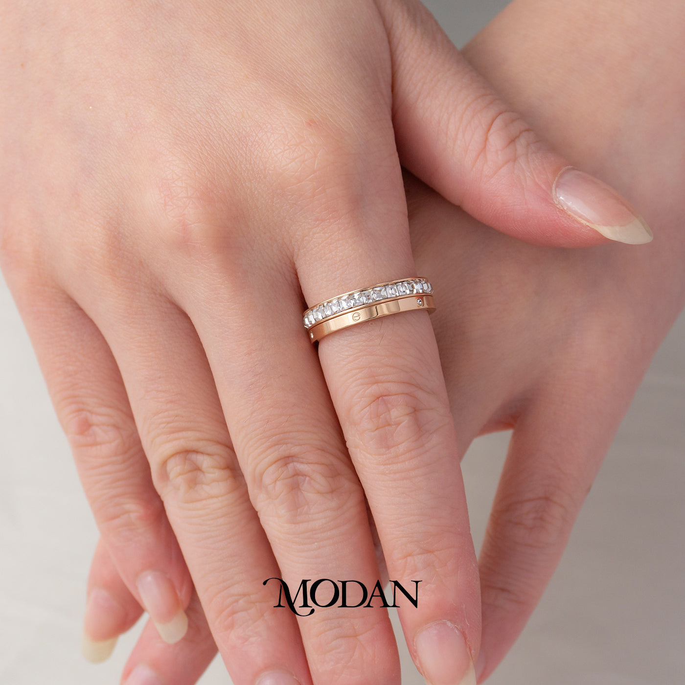 (1 Set Isi 2) Square Zircon Double Layer Ring Cincin Layer Kotak Hypoallergenic Stainless Steel