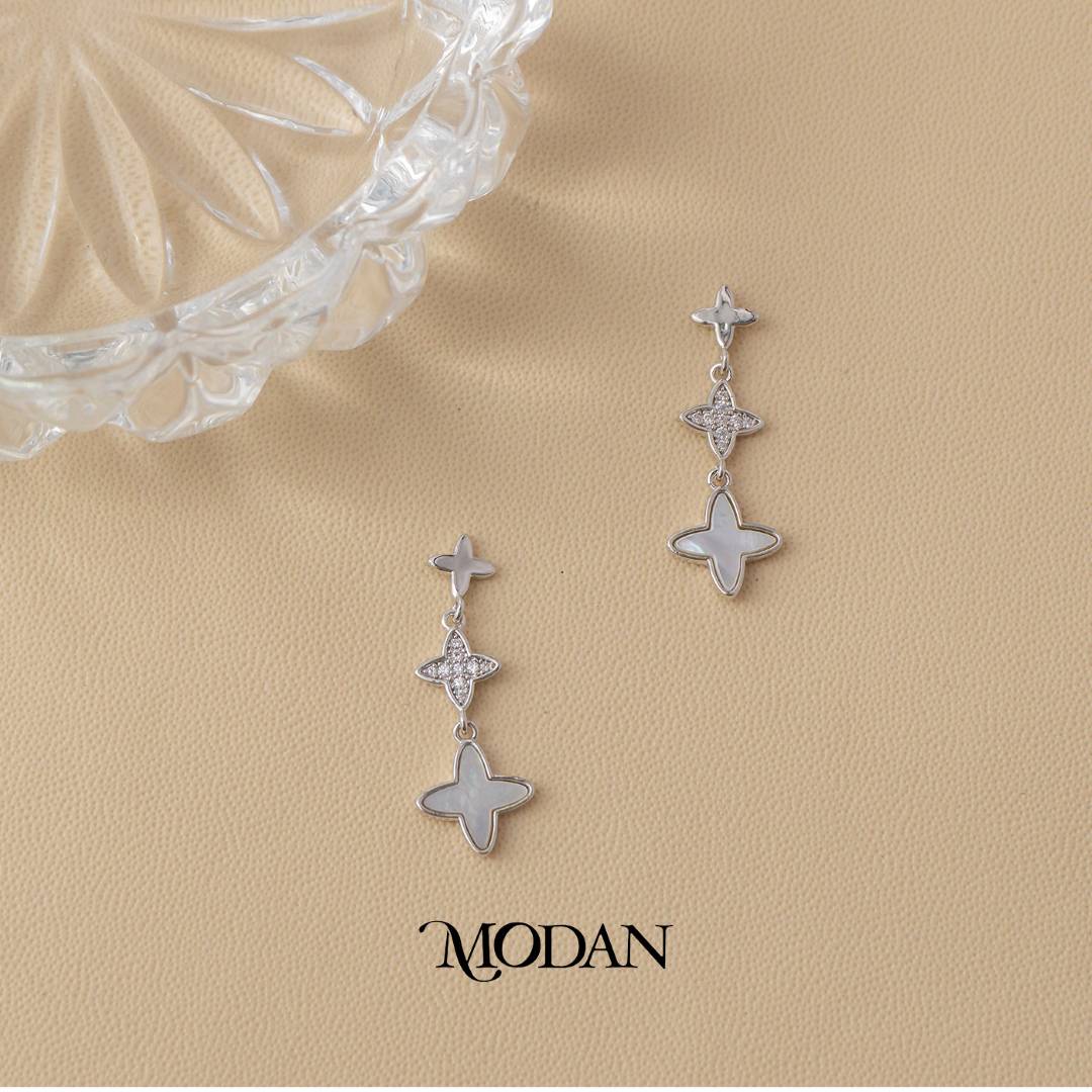 (26mm) Mother of Pearl Sparkling Mini Starburst Drop Stud Earrings Anting Bintang Kecil Hypoallergenic Gold Plated