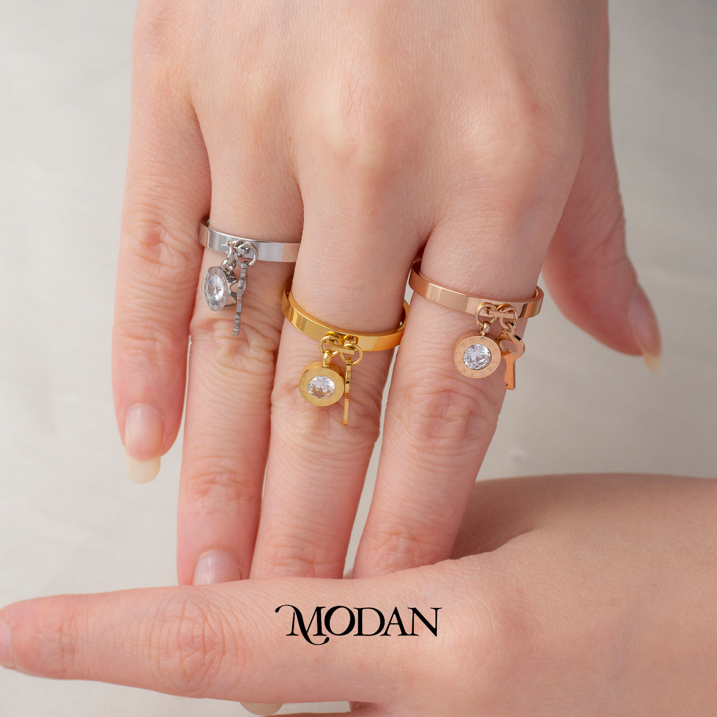 Roman Numeral Key Charm Ring Cincin Gantung Kunci Angka Romawi Hypoallergenic Stainless Steel