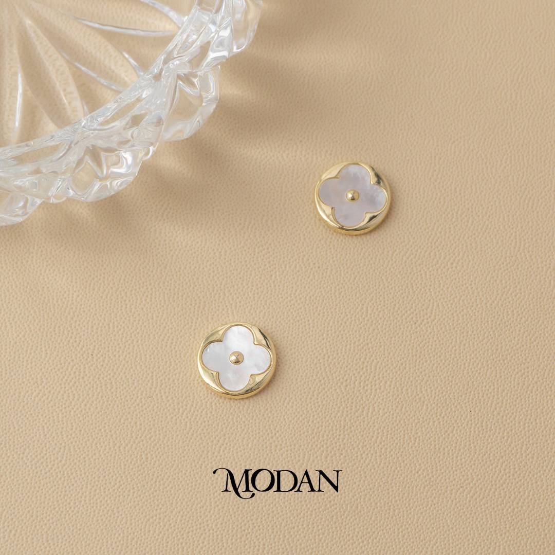 Mother of Pearl Round Lucky Clover Stud Earrings Anting Daun Keberuntungan Hypoallergenic Gold Filled