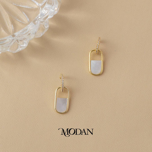 Sparkling Half Mother of Pearl Oval Drop Stud Earrings Anting Oval Hypoallergenic Gold Filled