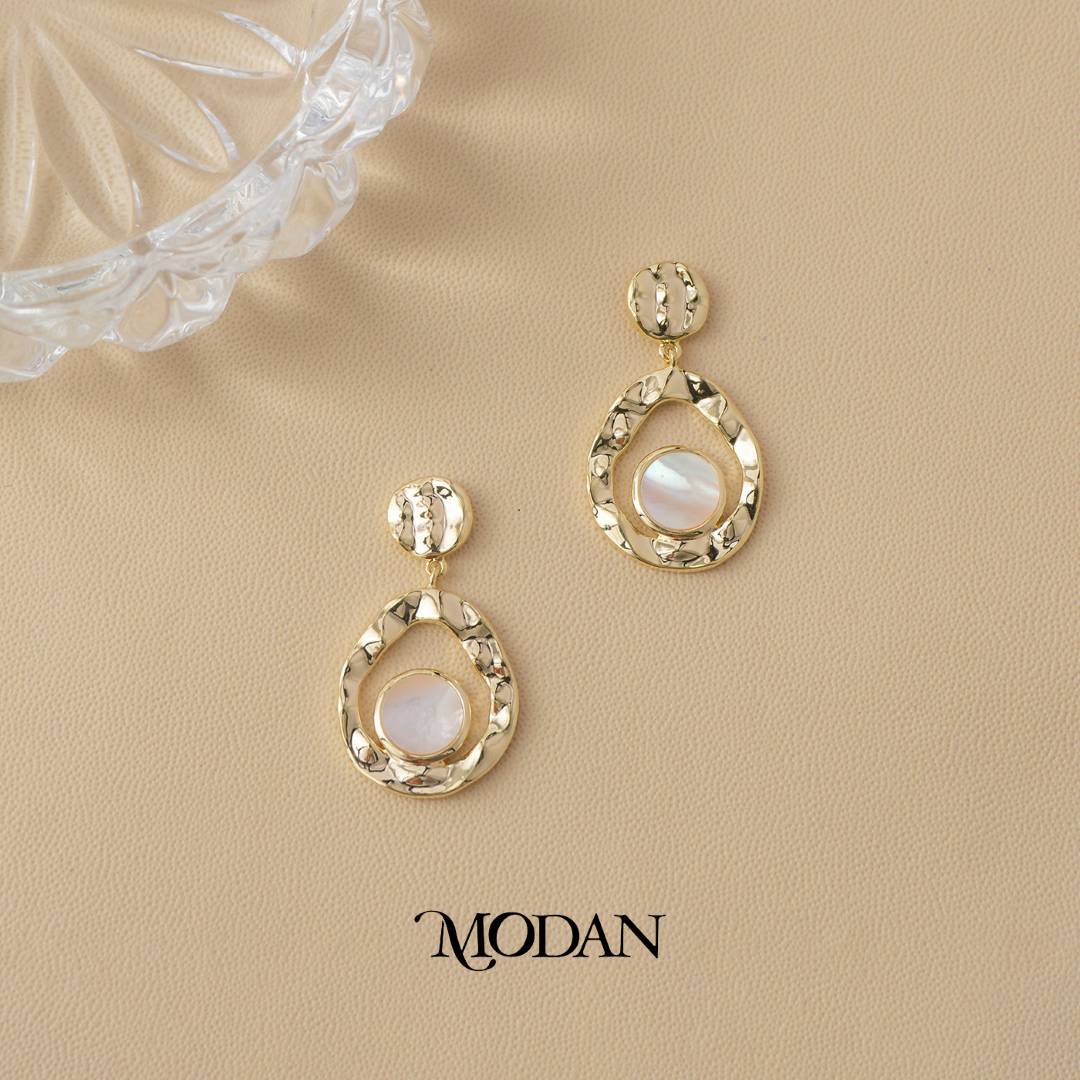 Round Mother of Pearl Hammered Teardrop Stud Earrings Anting Tetes Air Mata Hypoallergenic Gold Filled