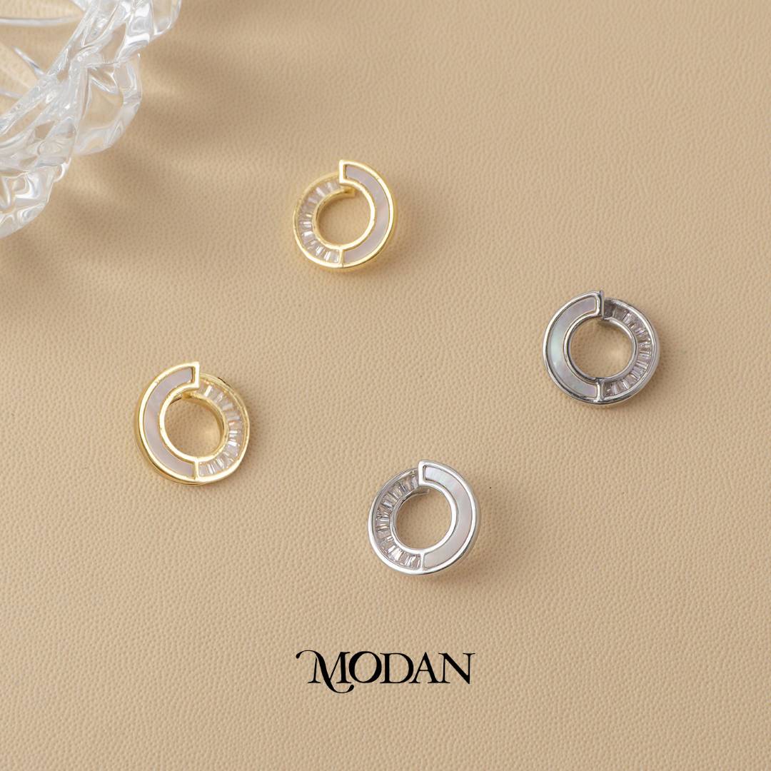 (9mm) Sparkling Baguette Zirconia Mother of Pearl Round C-Hoop Earrings Anting Elegan Hypoallergenic Gold Plated