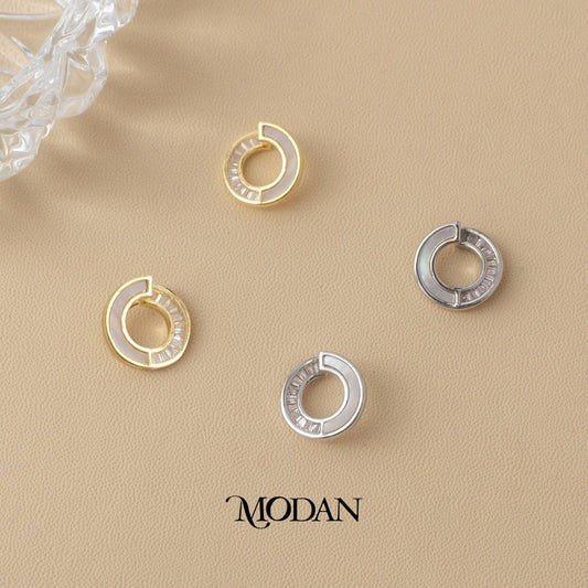 Sparkling Baguette Zirconia Mother of Pearl Round C-Hoop Earrings Anting Elegan Hypoallergenic Gold Filled