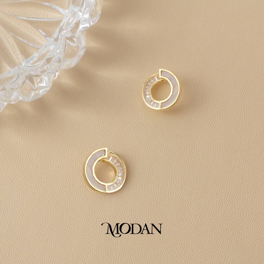Sparkling Baguette Zirconia Mother of Pearl Round C-Hoop Earrings Anting Elegan Hypoallergenic Gold Filled