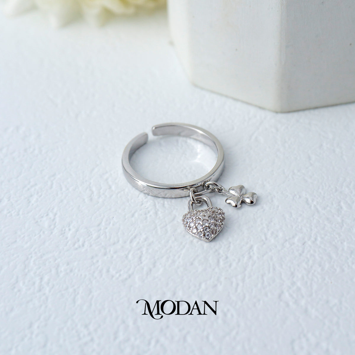 Heart Lock Key Dangle Ring Cincin Liontin Love Permata Kunci Hypoallergenic Gold Plated