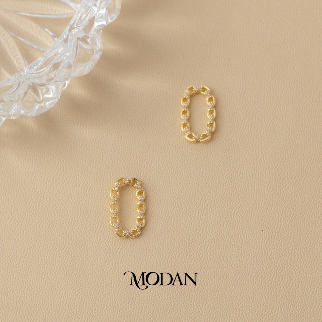(15mm) Sparkling Oval Link Drop Stud Earrings Anting Tusuk Oval Hypoallergenic Gold Plated