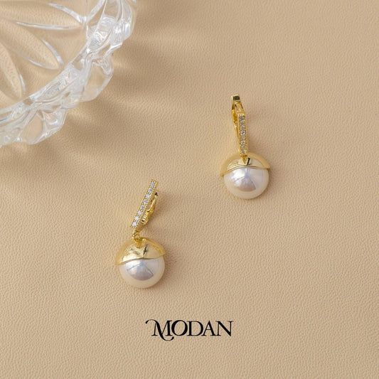 (24mm) Micro Pave Zirconia Shell Pearl Drop Hoop Earrings Anting Elegan Hypoallergenic Gold Plated