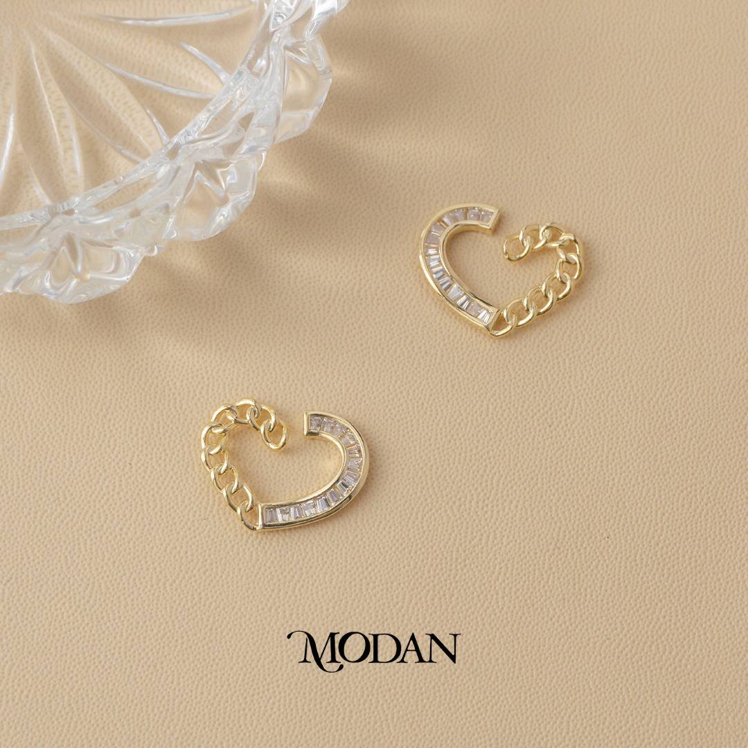 Sparkling Baguette Zirconia Heart Link Hoop Earrings Anting Bentuk Hati Hypoallergenic Gold Filled