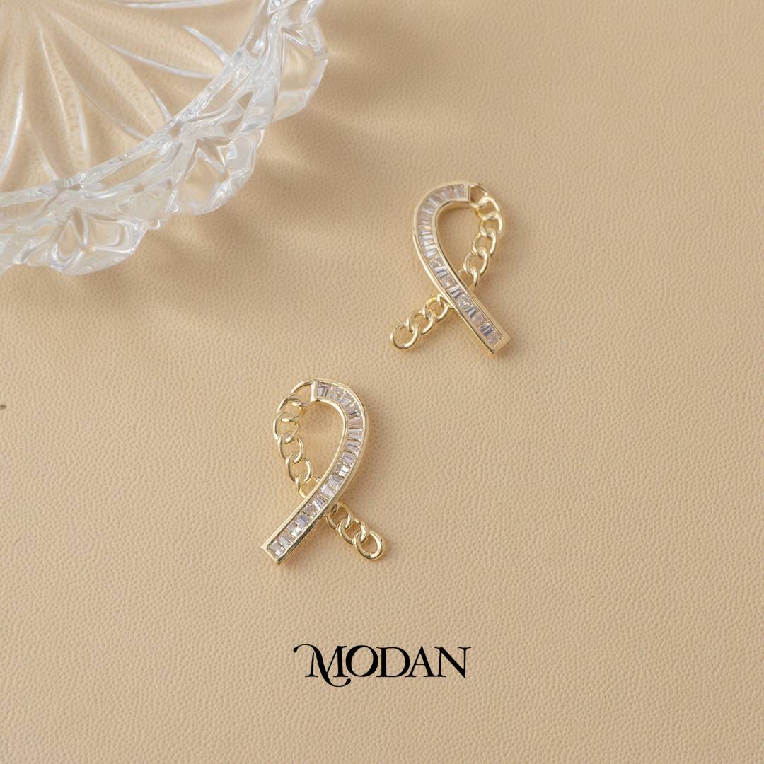 Sparkling Baguette Zirconia Ribbon Bow Link Hoop Earrings Anting Bentuk Pita Hypoallergenic Gold Filled
