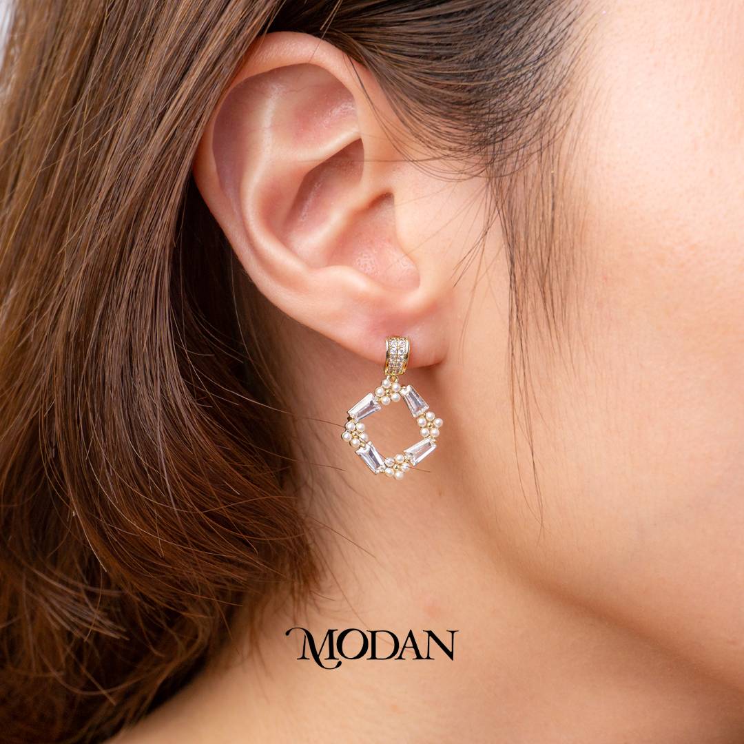 (25mm) Sparkling Rhombus Baguette Shell Pearl Drop Stud Earrings Anting Belah Ketupat Hypoallergenic Gold Plated