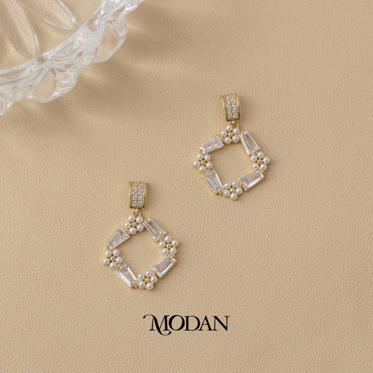 (25mm) Sparkling Rhombus Baguette Shell Pearl Drop Stud Earrings Anting Belah Ketupat Hypoallergenic Gold Plated