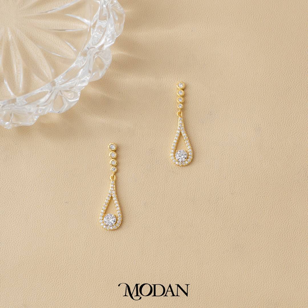 Bridal Micro Paved Zirconia Open Teardrop Stud Earrings Anting Pesta Tetes Air Mata Hypoallergenic Gold Filled