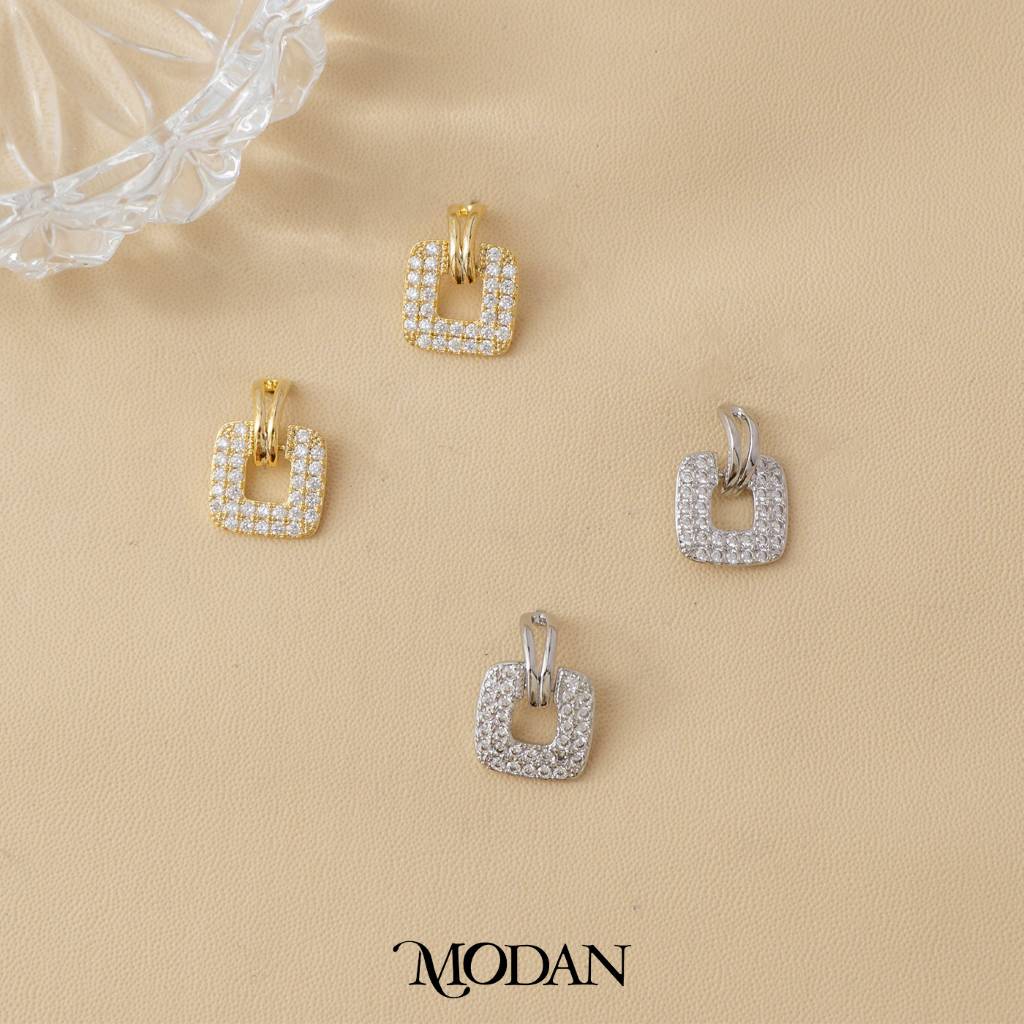 (18mm) Micro Paved Square Drop Stud Earrings Anting Tusuk Kotak Hypoallergenic Gold Plated