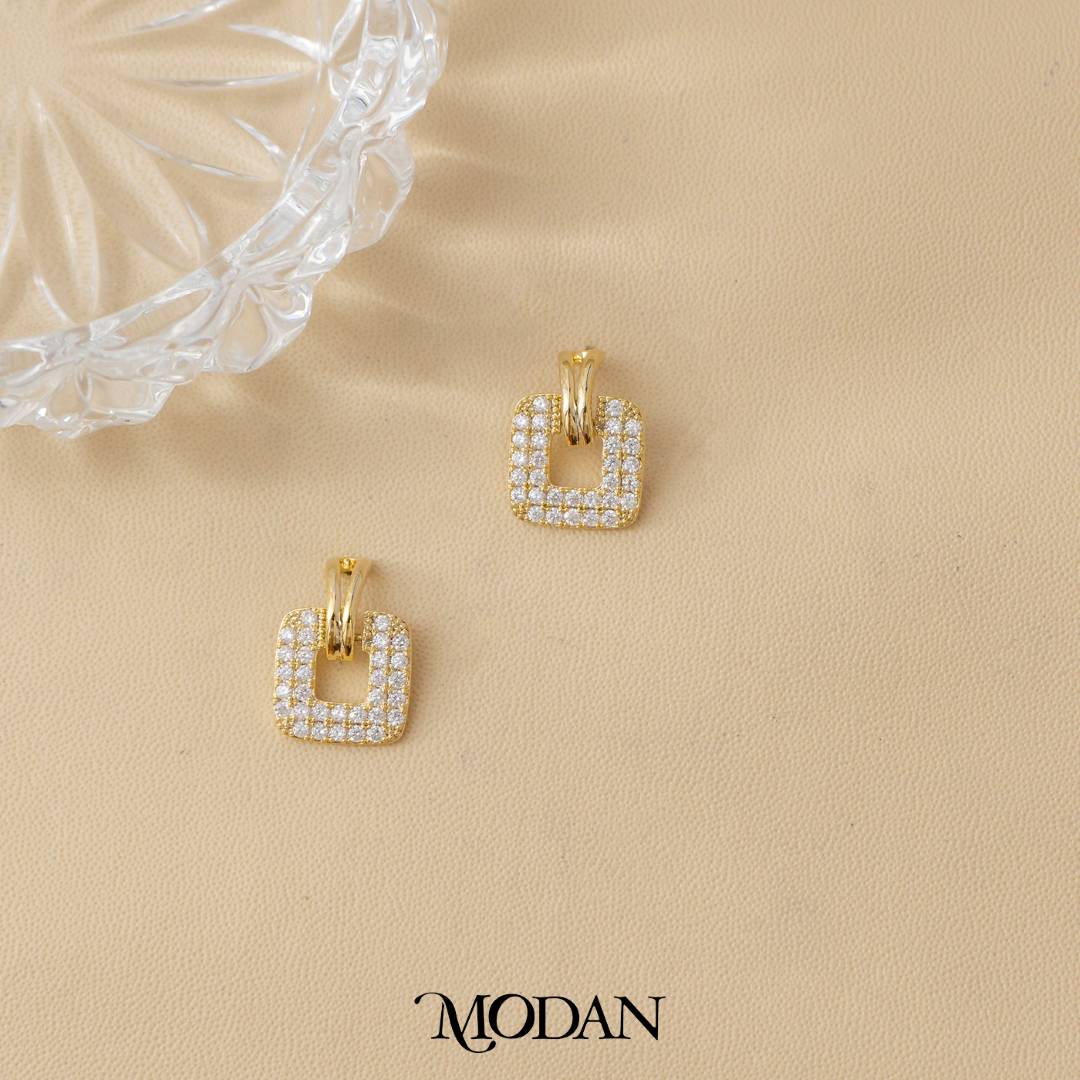 Micro Paved Square Drop Stud Earrings Anting Tusuk Kotak Hypoallergenic Gold Filled