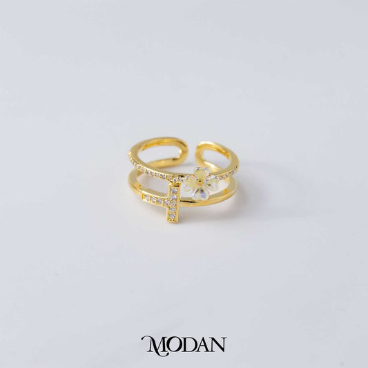 Golden White Flower Double Layer Adjustable Ring Cincin Bunga Putih Hypoallergenic Gold Plated