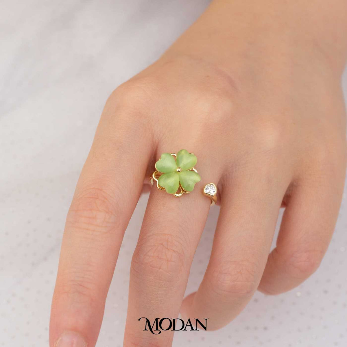Blooming Green Jade Flower Spinning Ring Cincin Putar Bunga Hijau Hypoallergenic Gold Plated