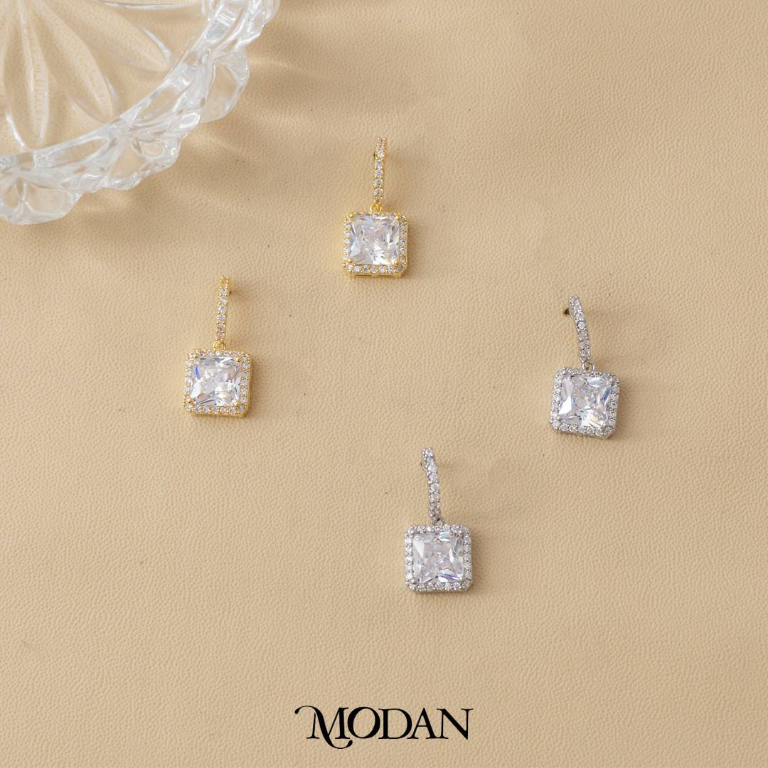 (21mm) Micro Paved Princess Cut Square Drop Stud Earrings Anting Tusuk Kotak Hypoallergenic Gold Plated