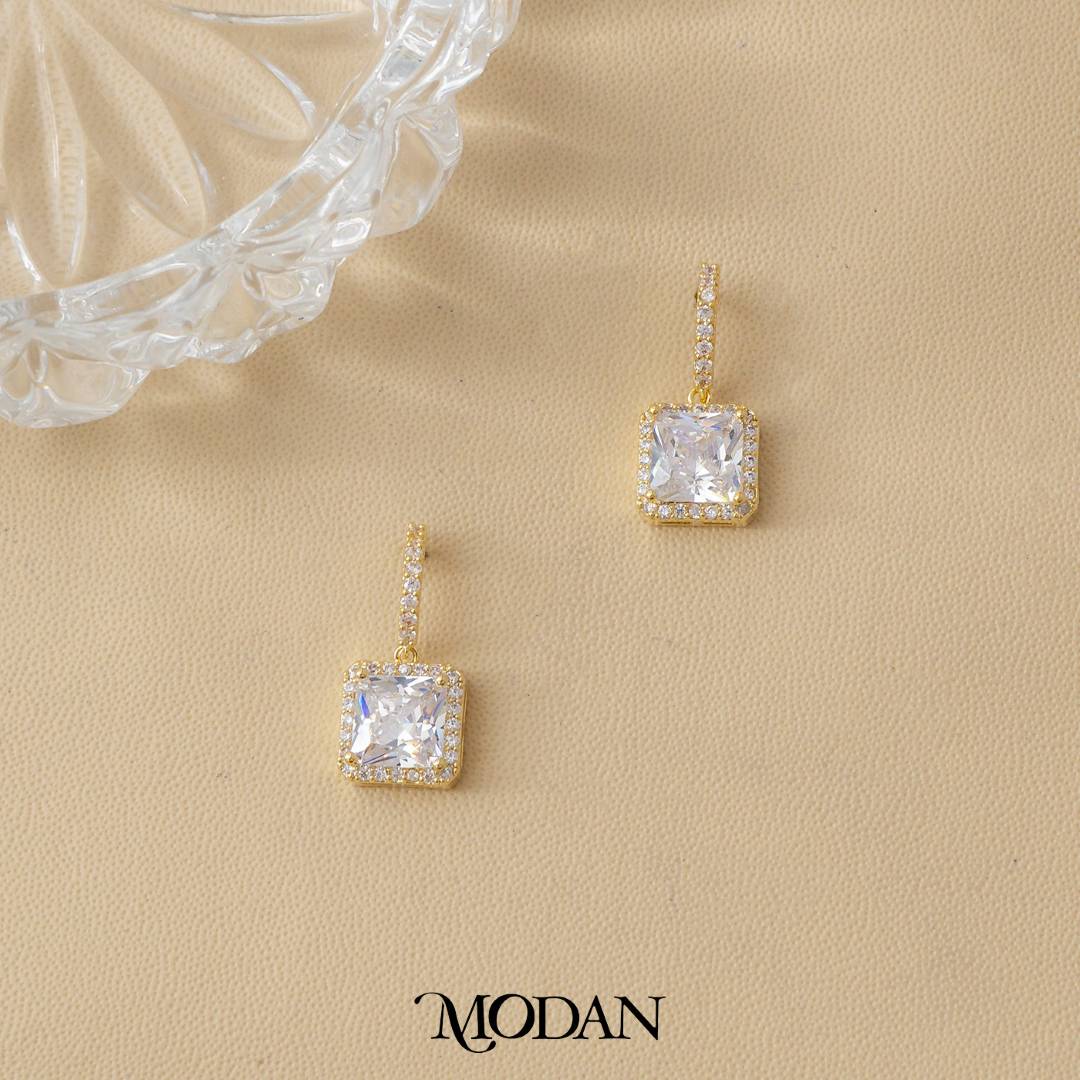 (21mm) Micro Paved Princess Cut Square Drop Stud Earrings Anting Tusuk Kotak Hypoallergenic Gold Plated