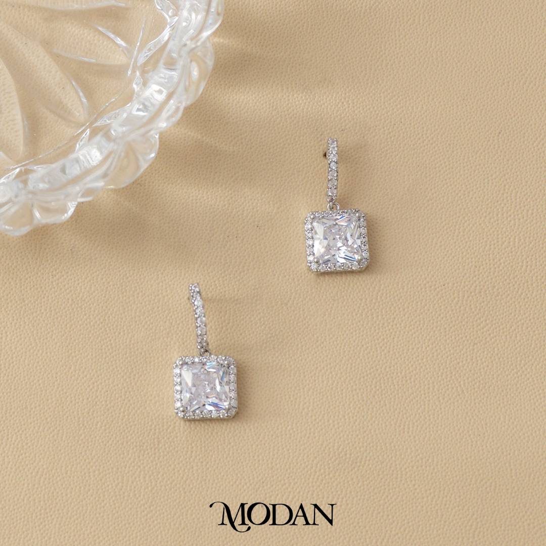 (21mm) Micro Paved Princess Cut Square Drop Stud Earrings Anting Tusuk Kotak Hypoallergenic Gold Plated