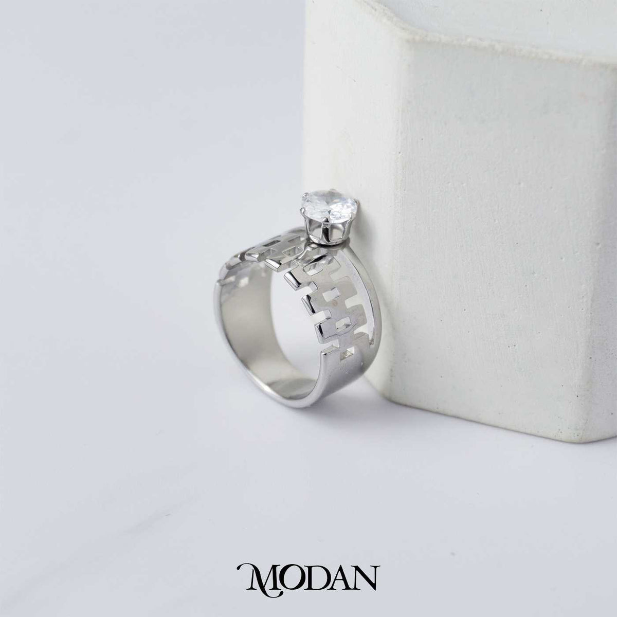 Statement Geometrical Shape Double Layer Solitaire Titanium Ring Cincin Mata Satu Hypoallergenic Stainless Steel