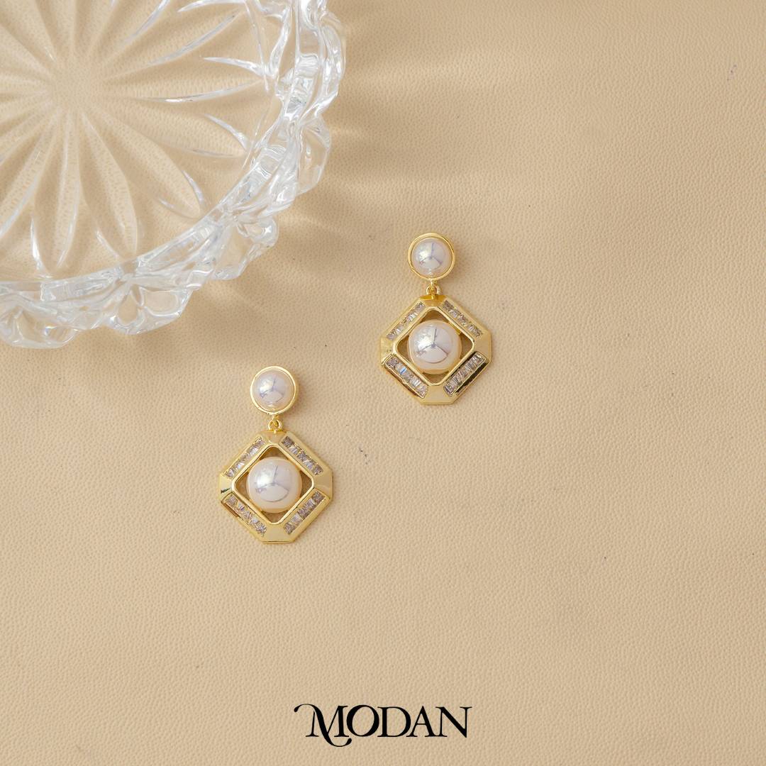 (25mm) Geometric Rhombus Stud Earrings Anting Tusuk Mutiara Hypoallergenic Gold Plated