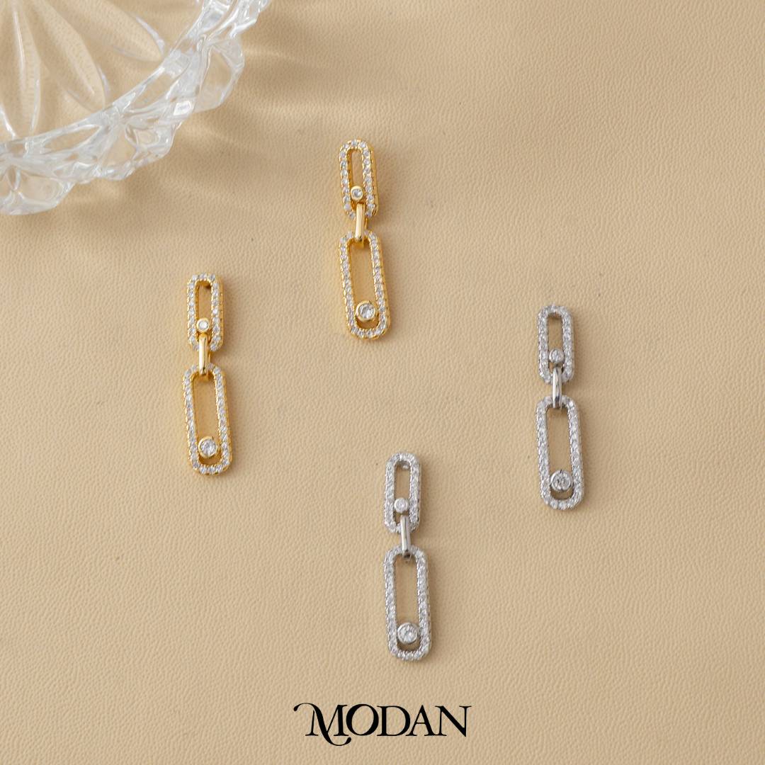 Bridal Micro Paved Zirconia Link Drop Stud Earrings Anting Pesta Hypoallergenic Gold Filled