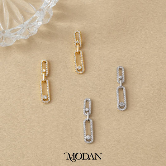 Bridal Micro Paved Zirconia Link Drop Stud Earrings Anting Pesta Hypoallergenic Gold Filled