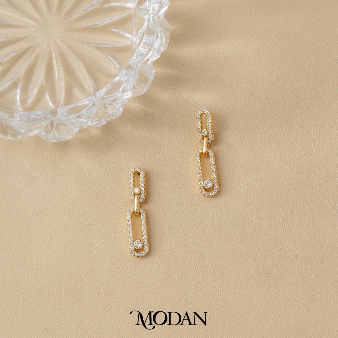 Bridal Micro Paved Zirconia Link Drop Stud Earrings Anting Pesta Hypoallergenic Gold Filled
