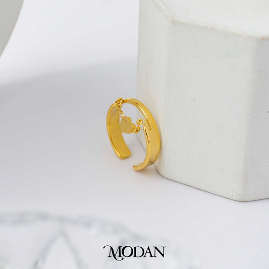Gold Plain Love Heart Chain Double Layer Titanium Ring Cincin Hati Rantai Hypoallergenic Stainless Steel