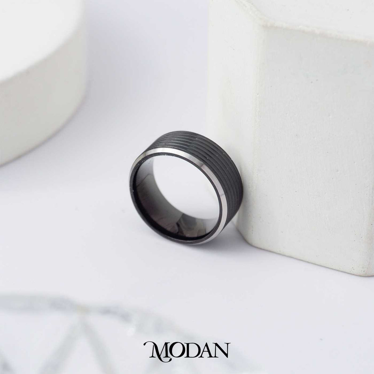 Unisex Two-Tone Silver/Black Gold Textured Band Ring Cincin Dua Warna Pria Wanita Hypoallergenic Stainless Steel