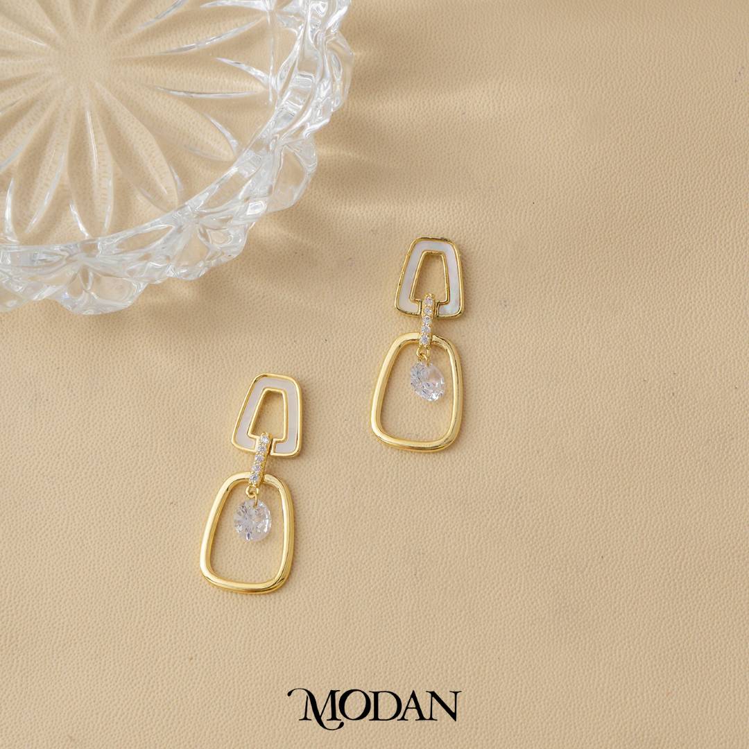 Mother of Pearl Link Oval Stud Earrings Anting Gantung Elegan Hypoallergenic Gold Filled