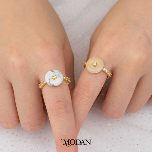 Pink Quartz / Marble Black And White Round Adjustable Ring Cincin Bulat Batu Merah Muda Hitam Putih Hypoallergenic Gold Plated