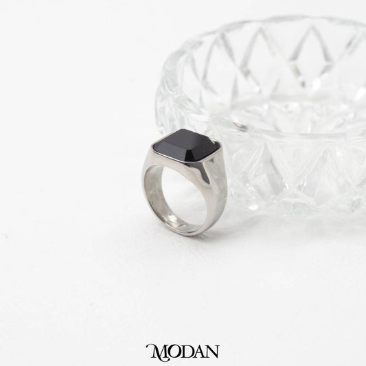 Bold Black Onyx Signet Ring Cincin Batu Kotak Hitam Hypoallergenic Stainless Steel