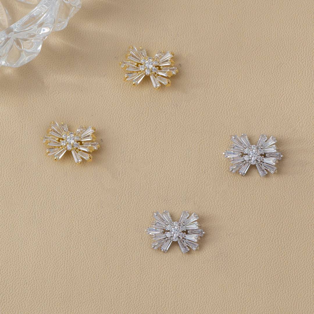 (16mm) Sparkling Baguette Coquette Bow Stud Earrings Anting Tusuk Pita Hypoallergenic Gold Plated
