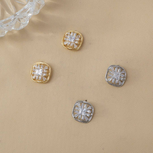 (13mm) Sparkling Baguette Zirconia Open Square Stud Earrings Anting Tusuk Persegi Hypoallergenic Gold Plated