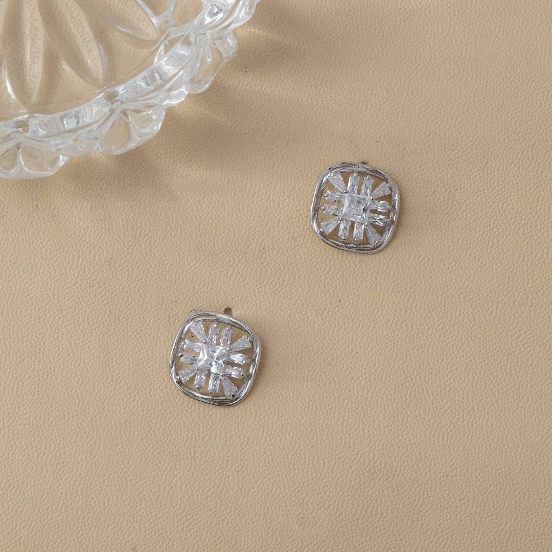 (13mm) Sparkling Baguette Zirconia Open Square Stud Earrings Anting Tusuk Persegi Hypoallergenic Gold Plated