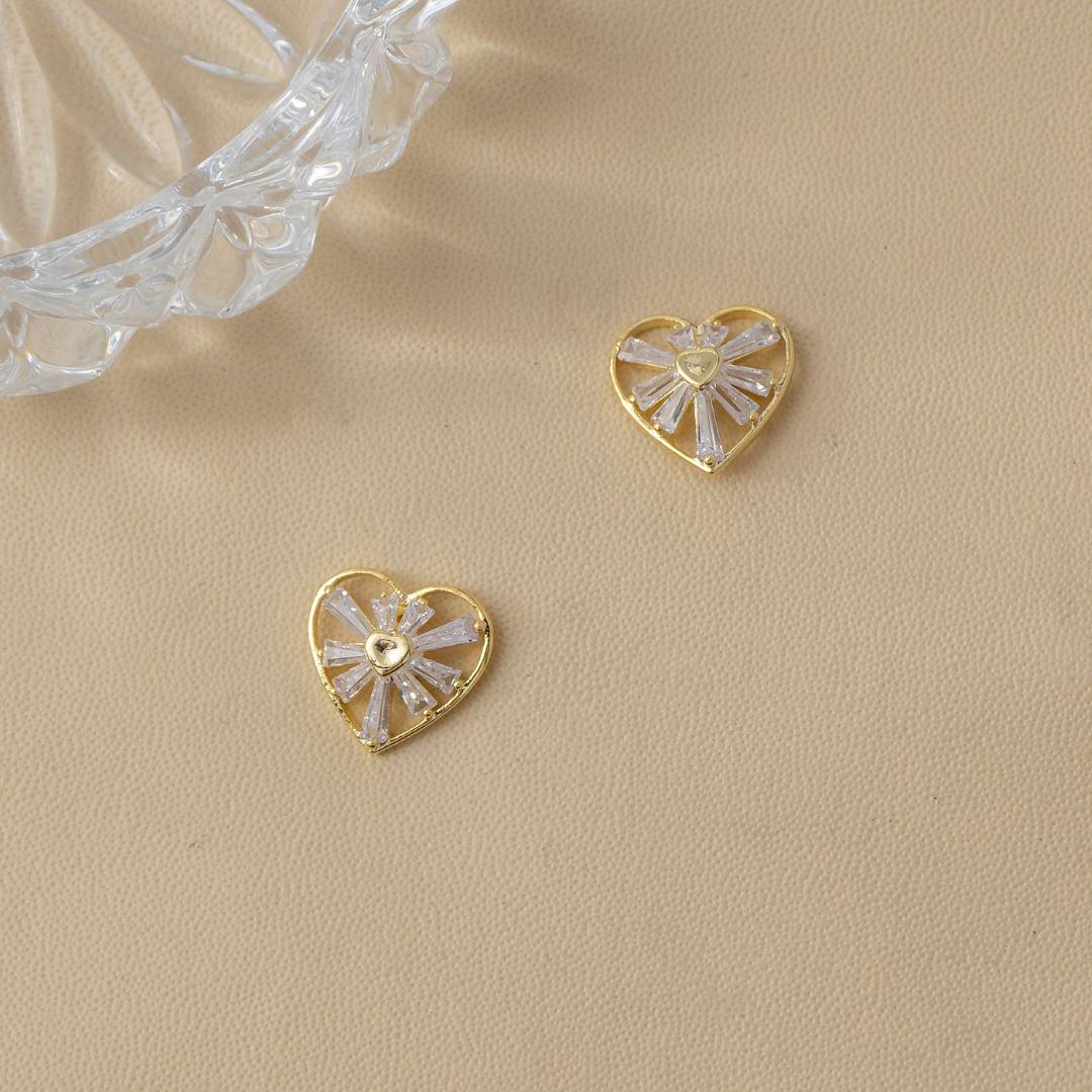 (14mm) Sparkling Baguette Zirconia Open Heart Stud Earrings Anting Tusuk Hati Hypoallergenic Gold Plated