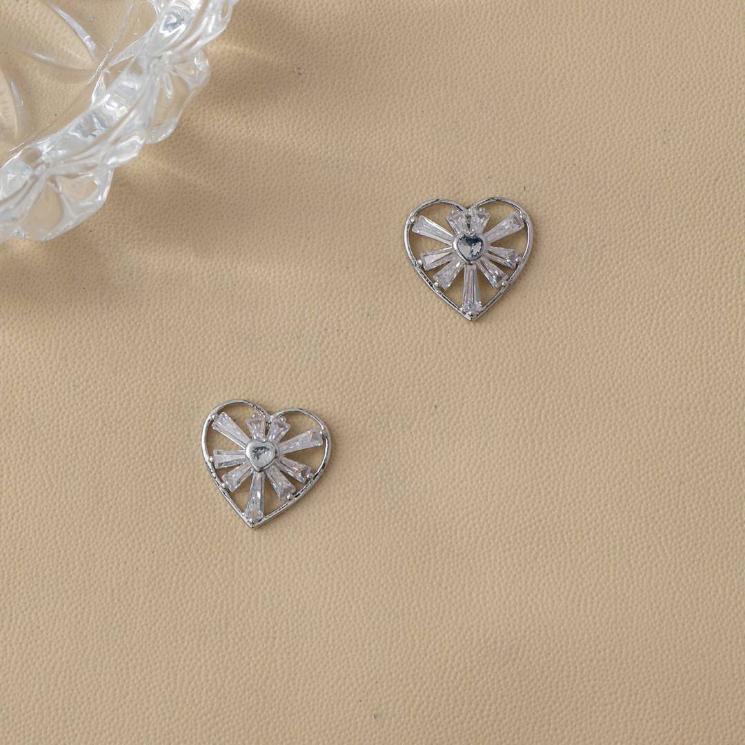 (14mm) Sparkling Baguette Zirconia Open Heart Stud Earrings Anting Tusuk Hati Hypoallergenic Gold Plated