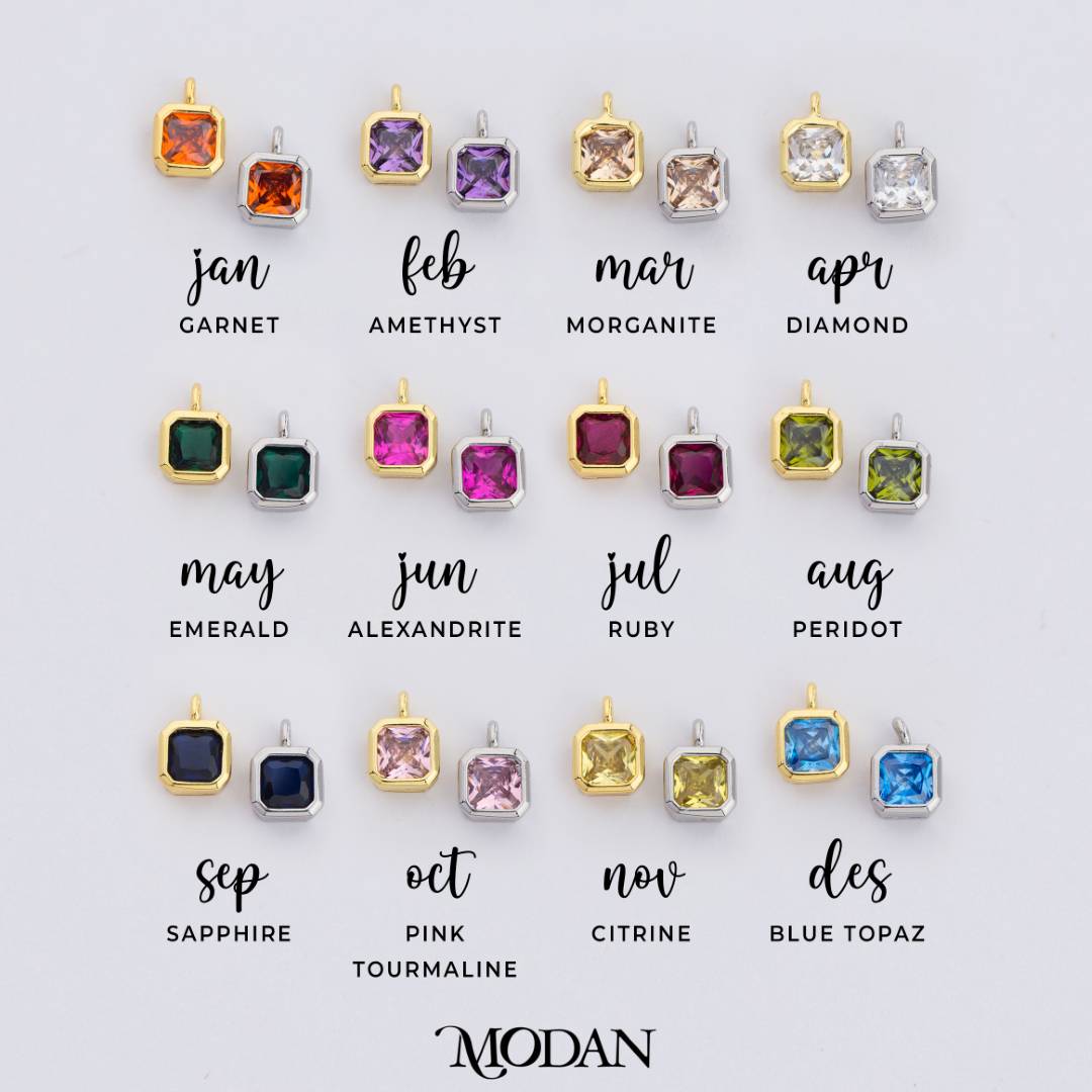 Colorful Plain Square Birthstone Charm DIY Charm Liontin Kalung Persegi Polos Bulan Lahir Warna-Warni Hypoallergenic Gold Filled