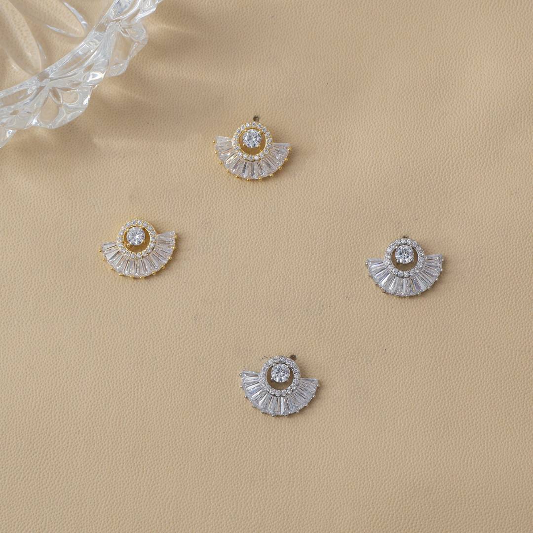 (15mm) Sparkling Baguette Zirconia Half Circle Fan Shaped Stud Earrings Anting Tusuk Kipas Hypoallergenic Gold Plated