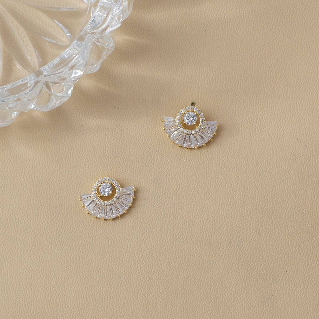 (15mm) Sparkling Baguette Zirconia Half Circle Fan Shaped Stud Earrings Anting Tusuk Kipas Hypoallergenic Gold Plated