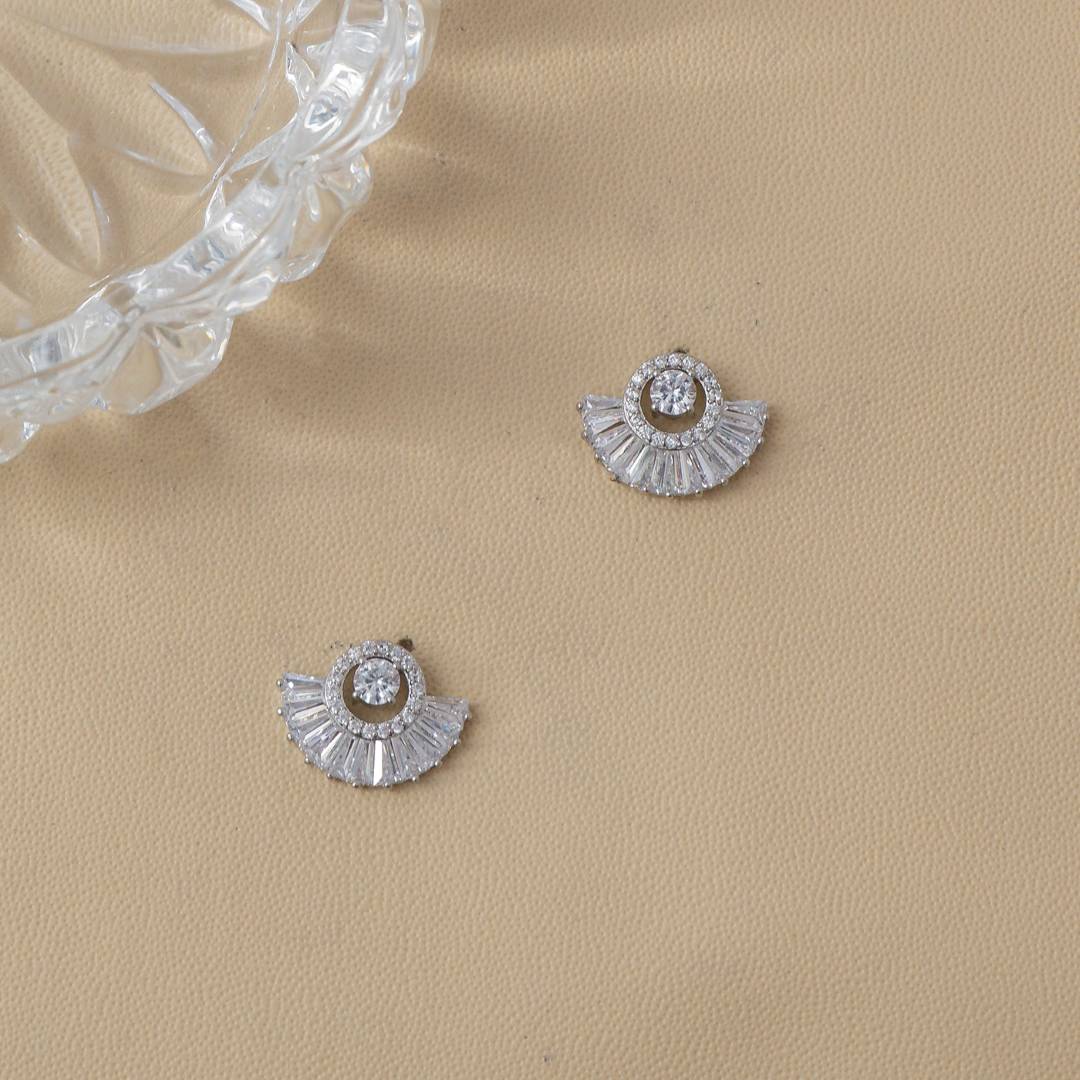 (15mm) Sparkling Baguette Zirconia Half Circle Fan Shaped Stud Earrings Anting Tusuk Kipas Hypoallergenic Gold Plated